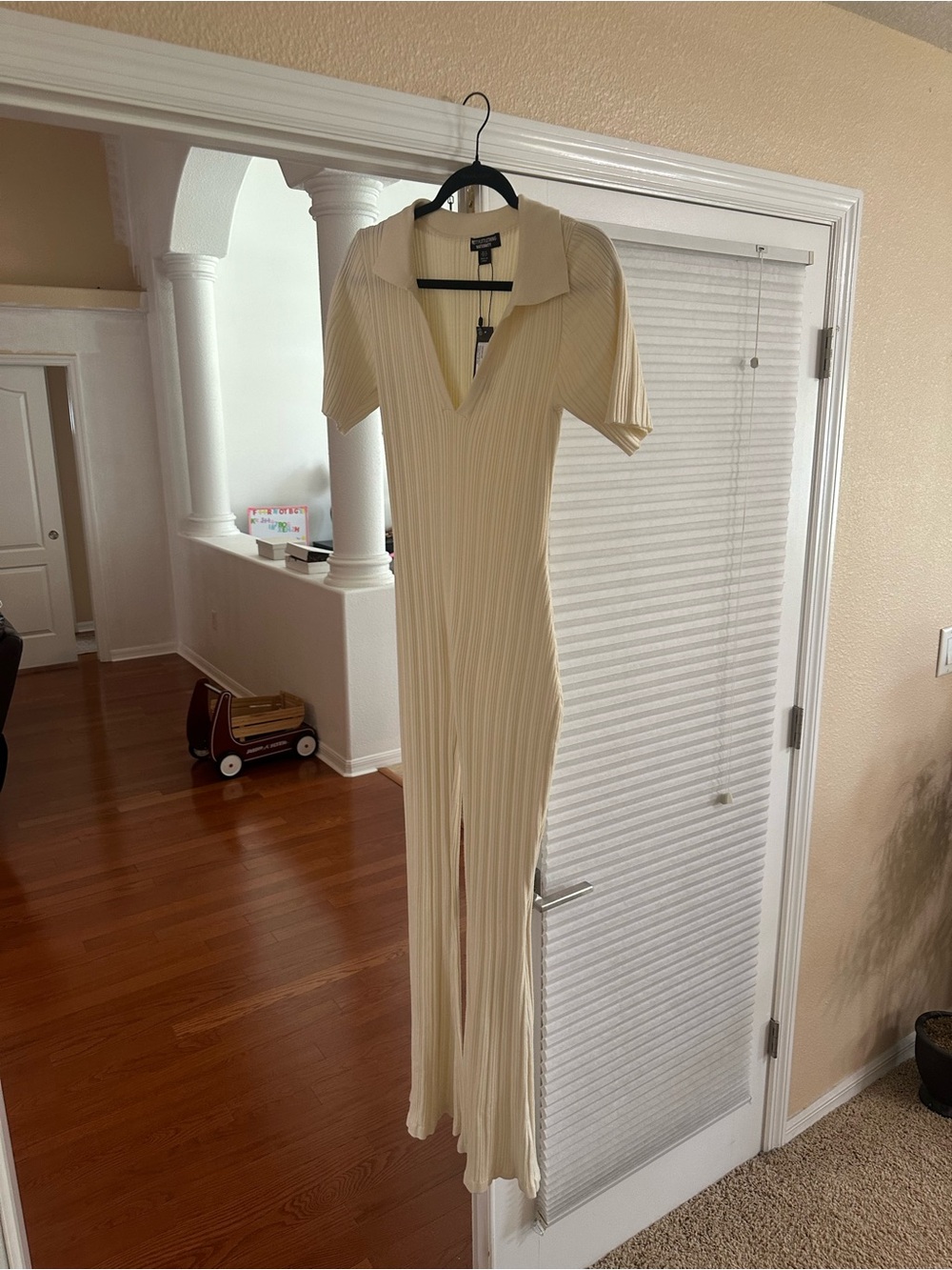 PrettyLittleThing Cream Ribbed Polo Maxi Dress with Front Slit